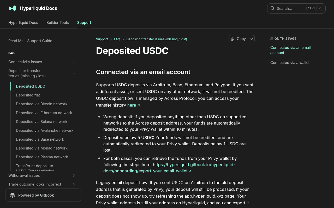 Hyperliquid official support guidance for diagnosing an Arbitrum USDC deposit that has not appeared.