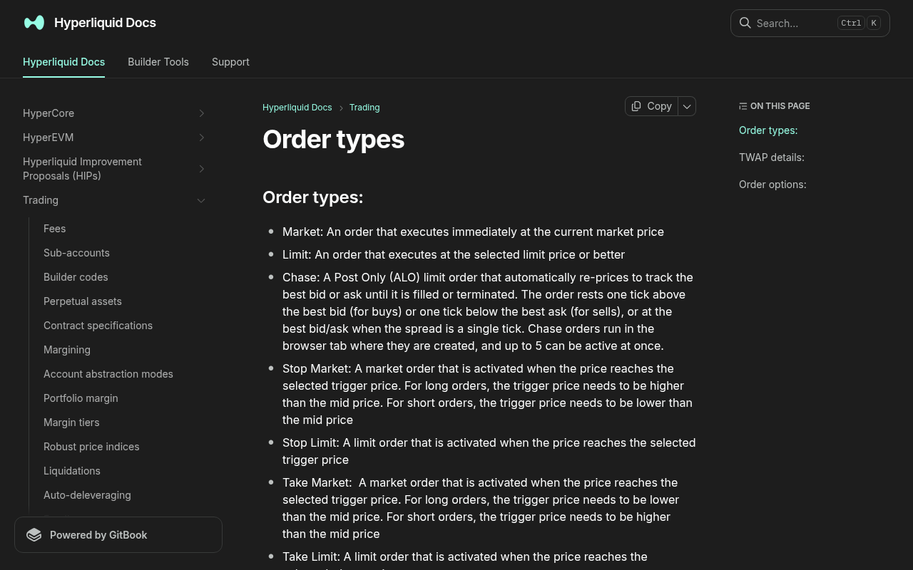 Hyperliquid official order-type documentation used to verify first-trade and order-state instructions.