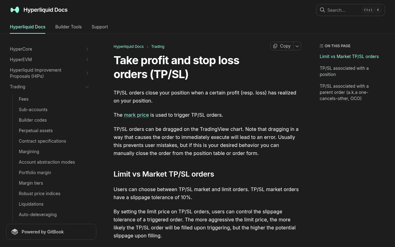 Hyperliquid official take-profit and stop-loss documentation showing the supported protective-order workflow.